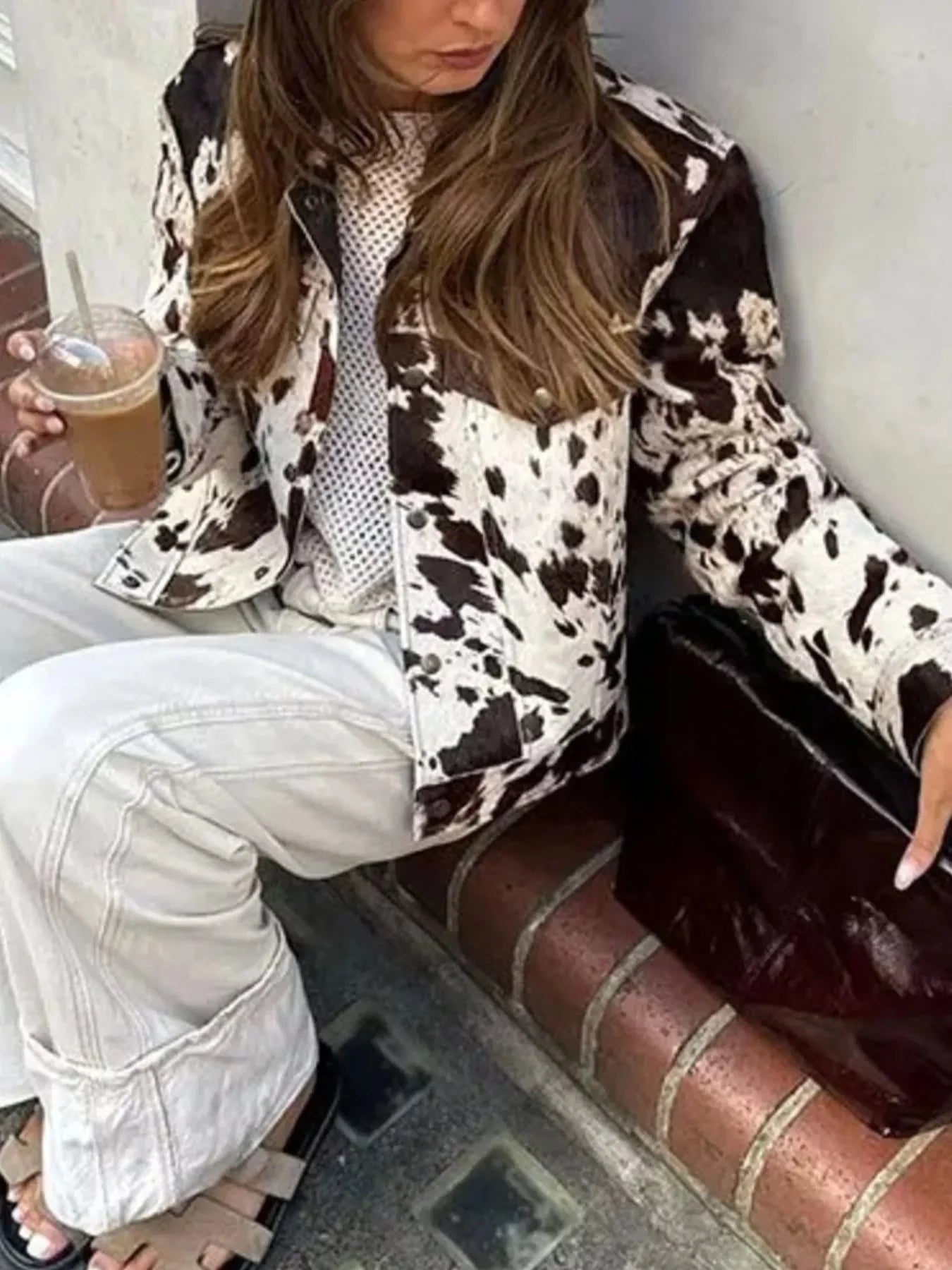 Cow Print Collared Neck Jacket