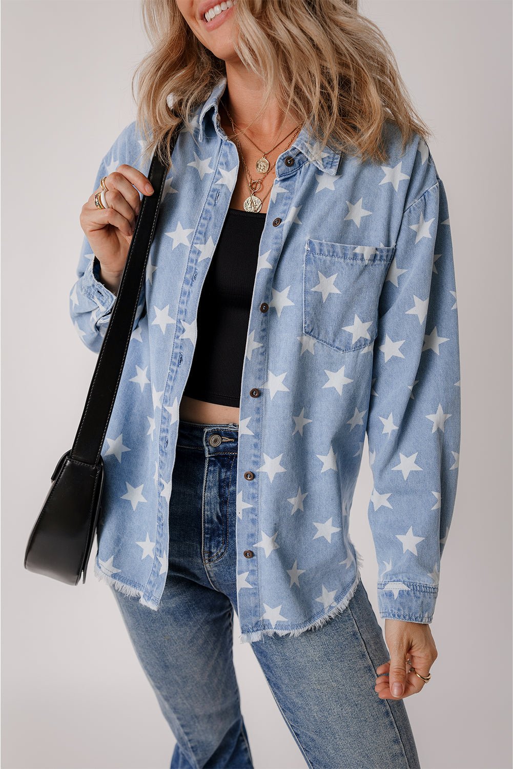 Star Light Wash Raw Hem Denim Jacket - Rustic Avenue