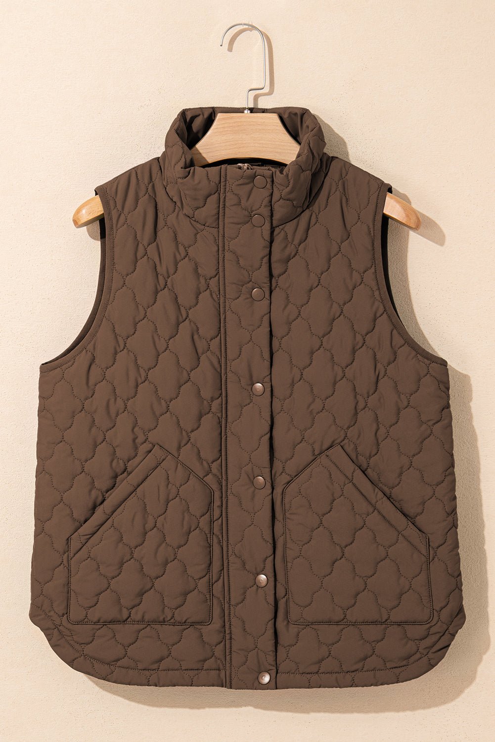 Dark Brown Flower Shape Quilted Snap Button Zip Up Winter Vest