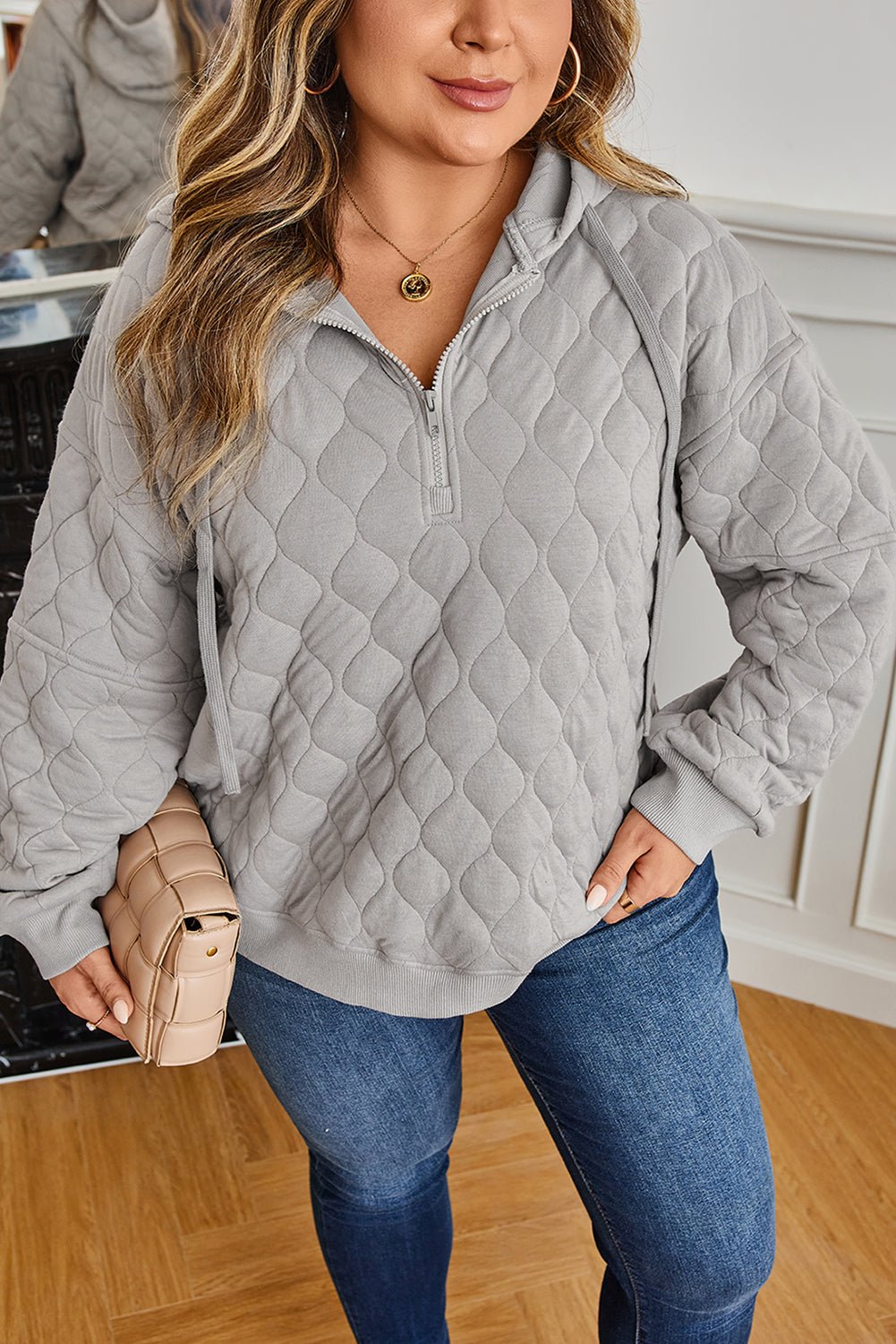 Gray Quilted Quarter Zip Plus Size Hoodie - Rustic Avenue