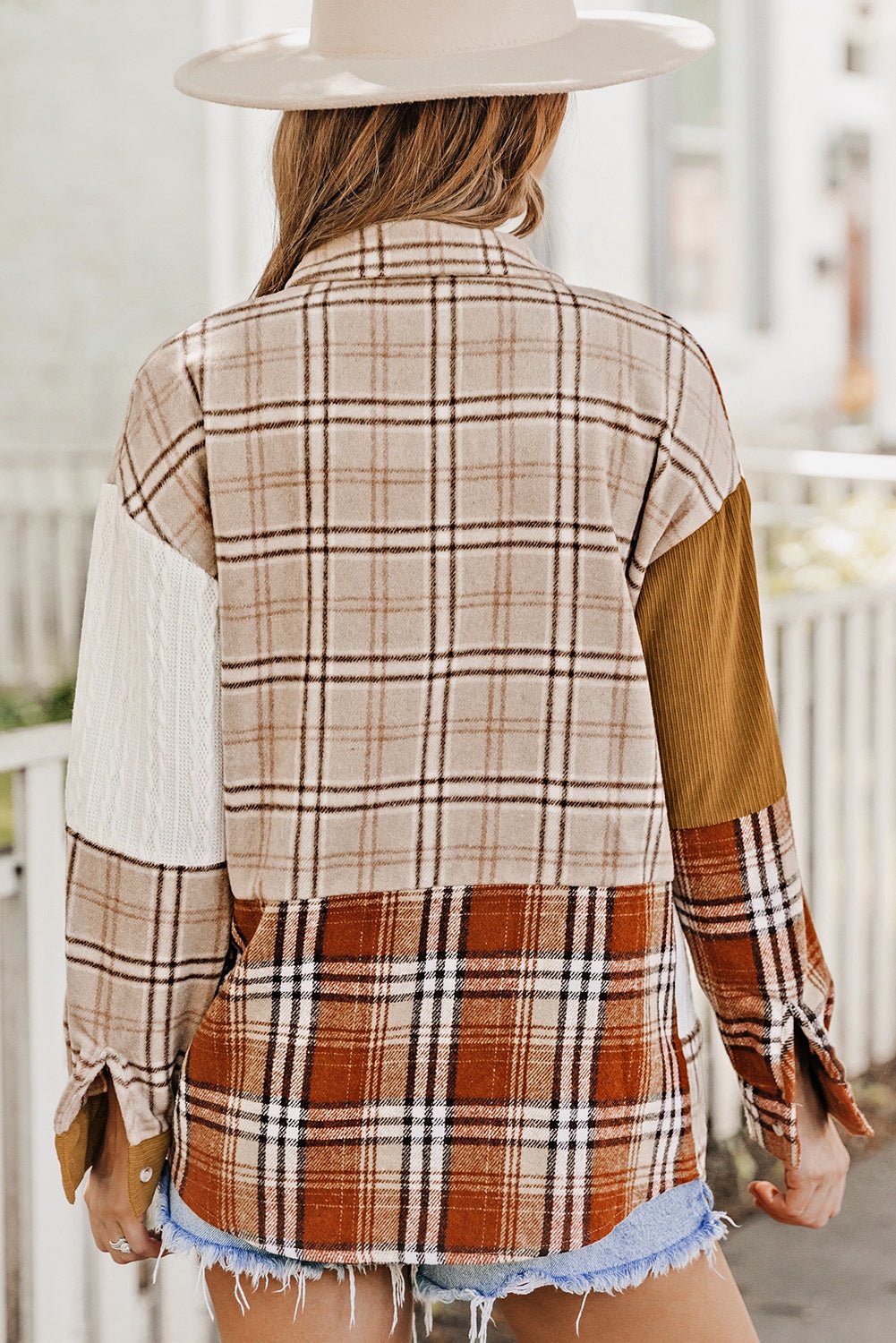 Sutton Plaid Color Block Patchwork Shirt Jacket with Pocket - Rustic Avenue
