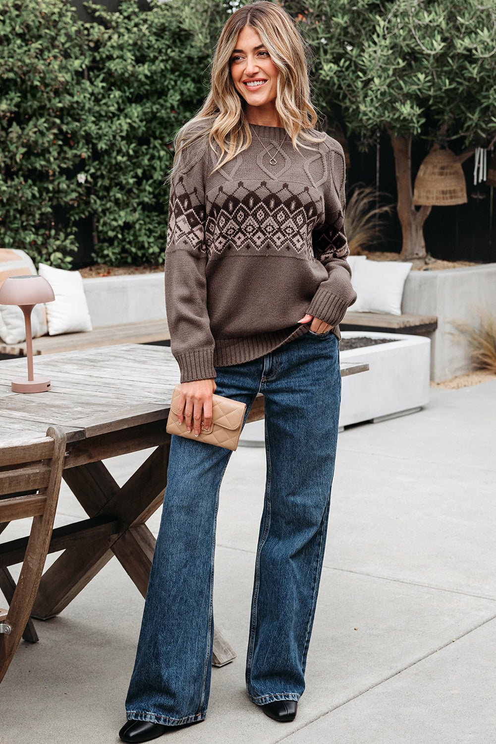 Alana Western Geometric Patterned Crew Neck Knitted Sweater - Rustic Avenue