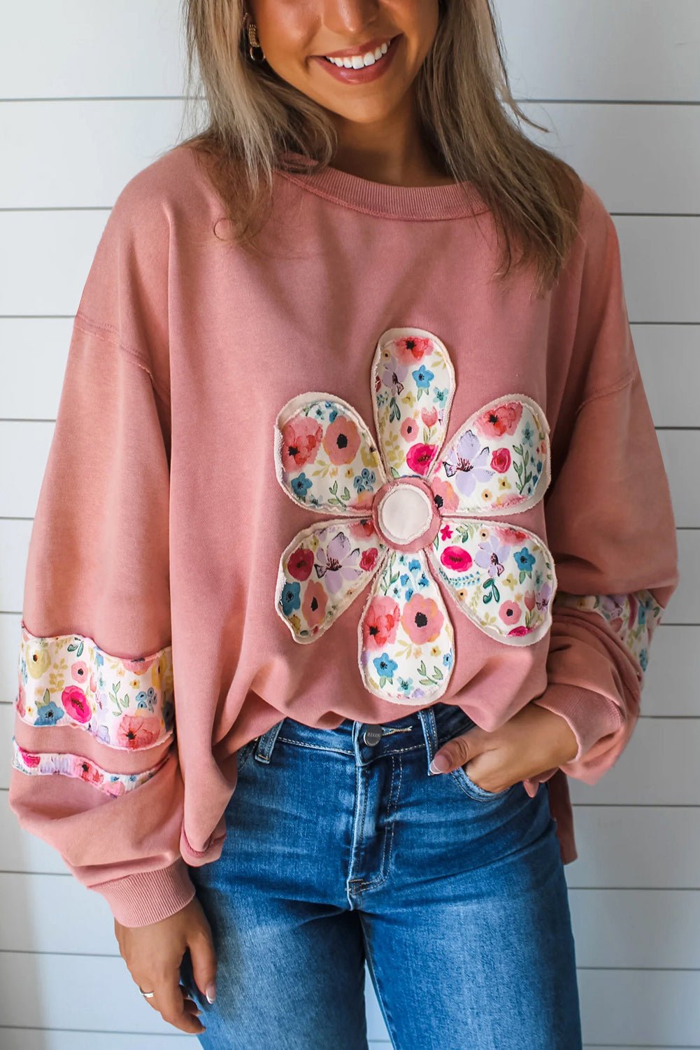 Flower Applique Patchwork Drop Sleeve Pullover Sweatshirt