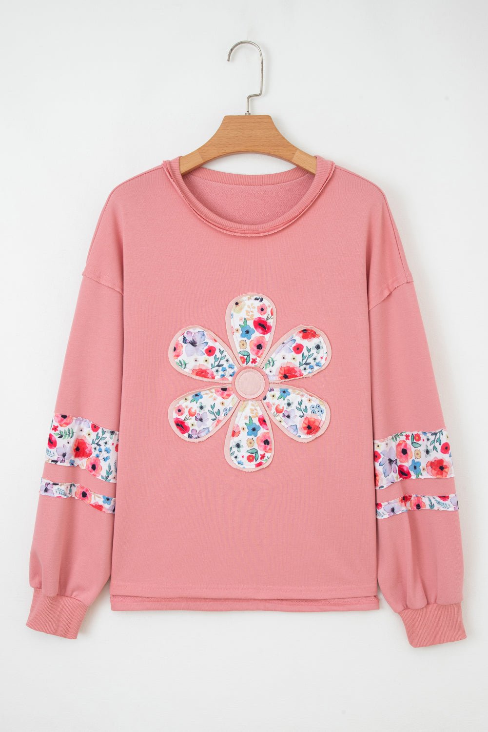 Flower Applique Patchwork Drop Sleeve Pullover Sweatshirt