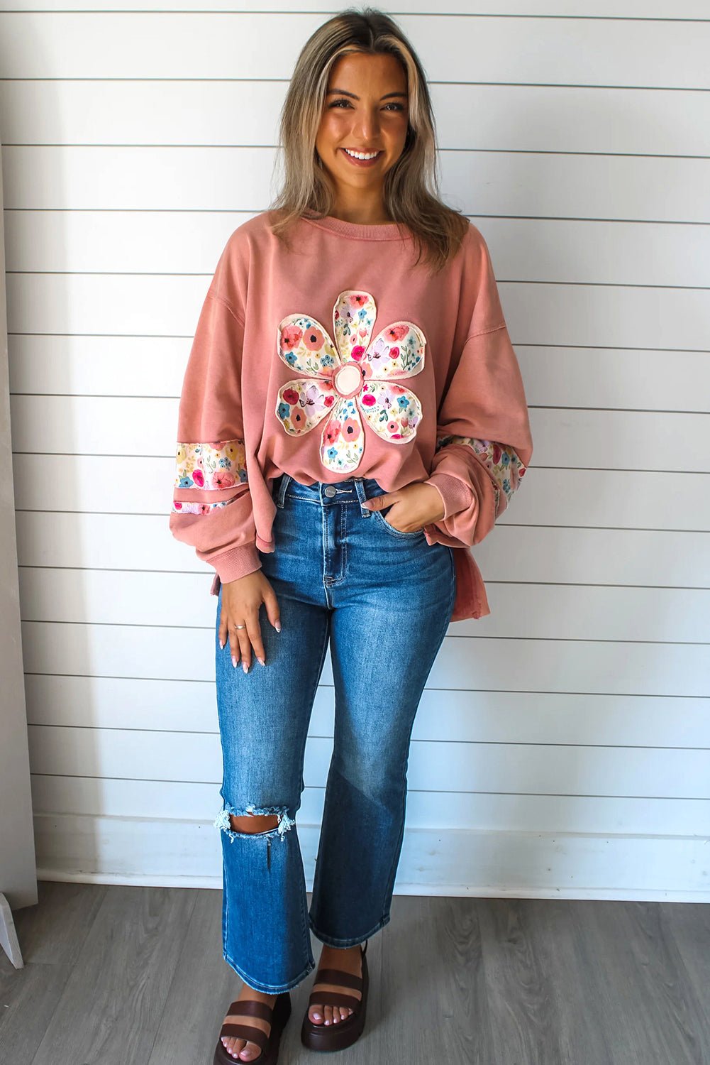 Flower Applique Patchwork Drop Sleeve Pullover Sweatshirt