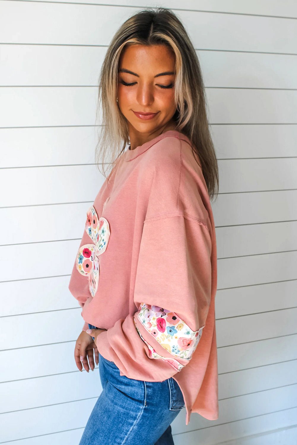 Flower Applique Patchwork Drop Sleeve Pullover Sweatshirt