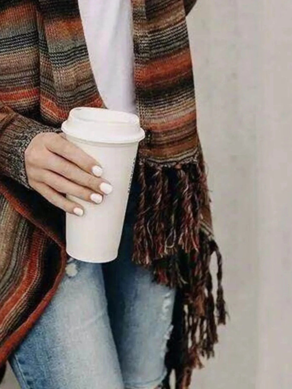 Fringe Long Sleeve Wrap Cardigan Button Fasten
