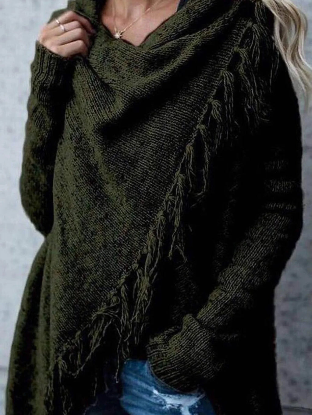 Fringe Long Sleeve Wrap Cardigan Button Fasten