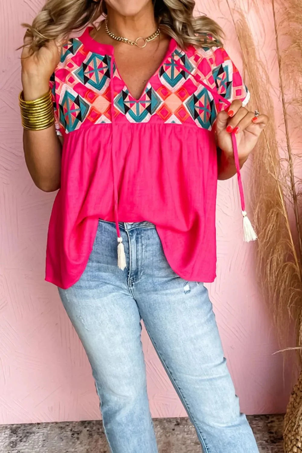Geometric Embroidered Tassel Tie Neck Blouse