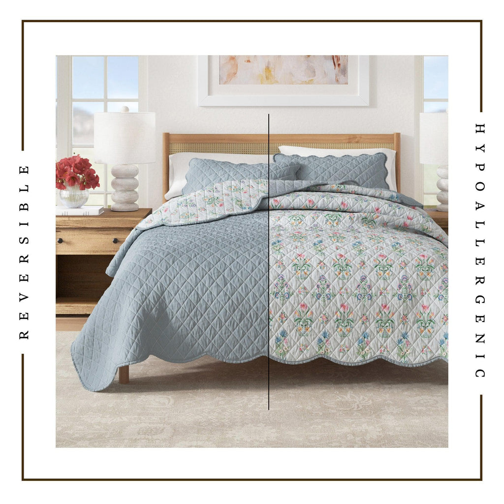 Floral Print & Scallopeded Edge Cotton Quilt Set - Katrin Collection - Rustic Avenue