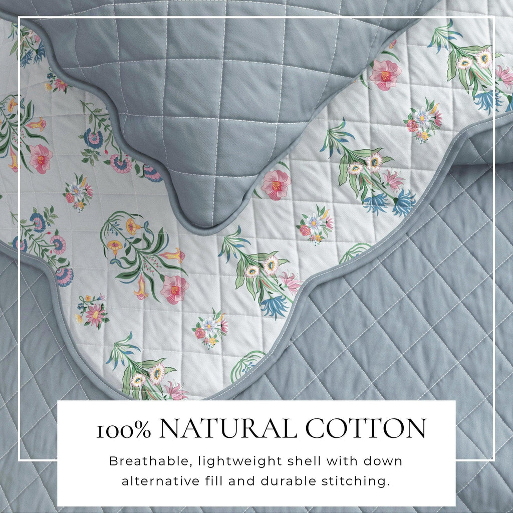 Floral Print & Scallopeded Edge Cotton Quilt Set - Katrin Collection - Rustic Avenue