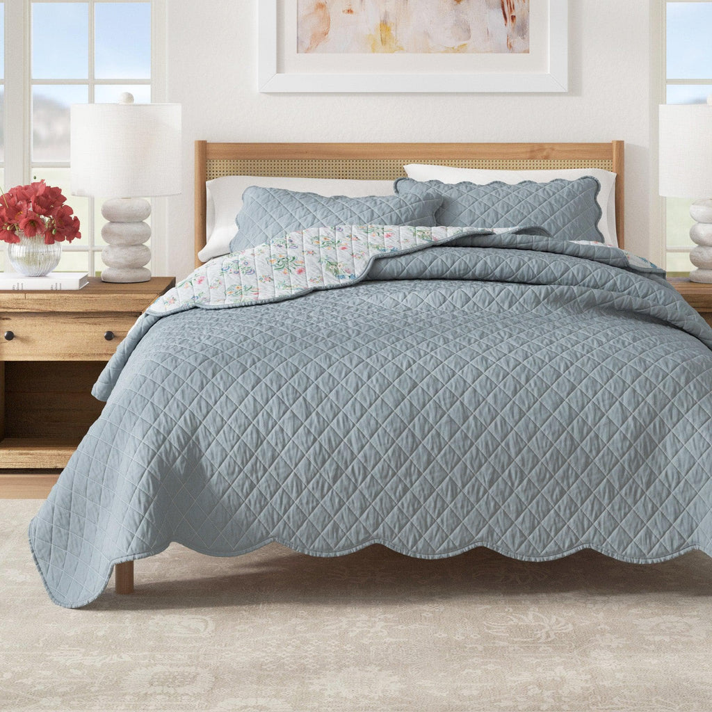 Floral Print & Scallopeded Edge Cotton Quilt Set - Katrin Collection - Rustic Avenue