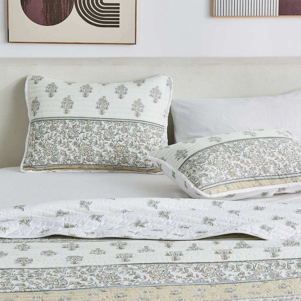 Floral Striped Microfiber Quilt Set - Hermine Collection - Rustic Avenue