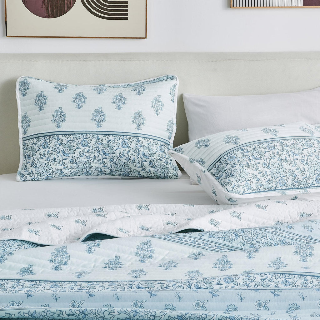 Floral Striped Microfiber Quilt Set - Hermine Collection - Rustic Avenue