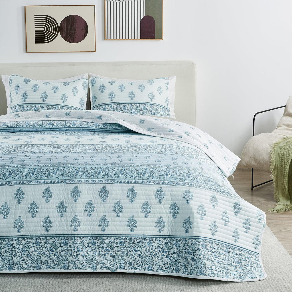 Floral Striped Microfiber Quilt Set - Hermine Collection - Rustic Avenue