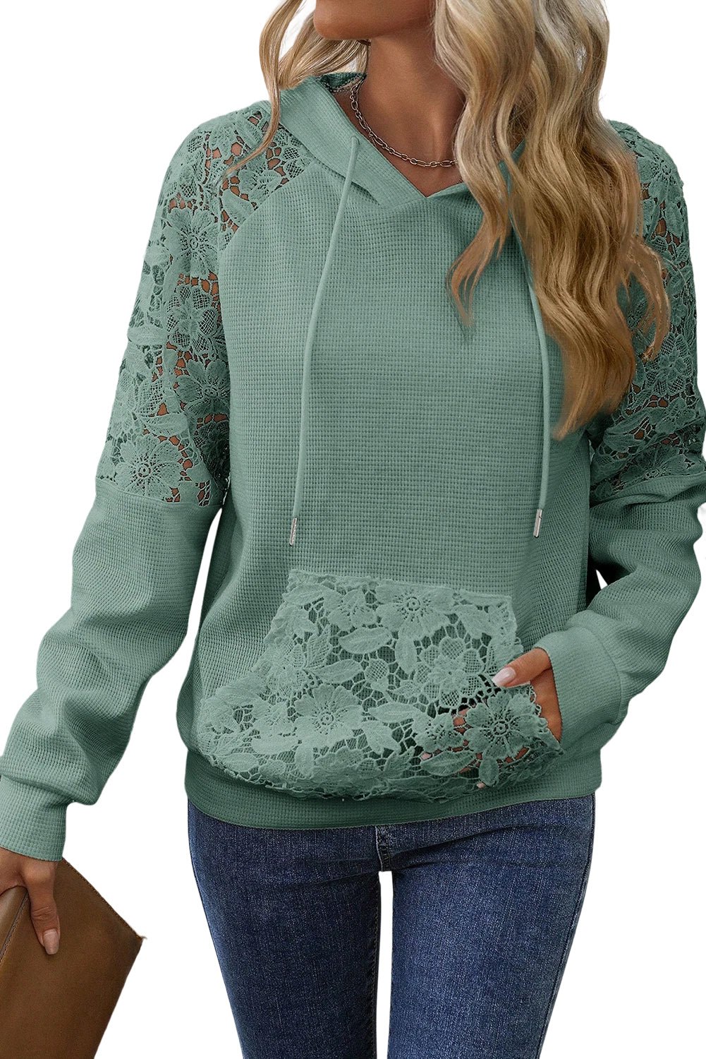 Green Lace Raglan Sleeve Waffle Hoodie