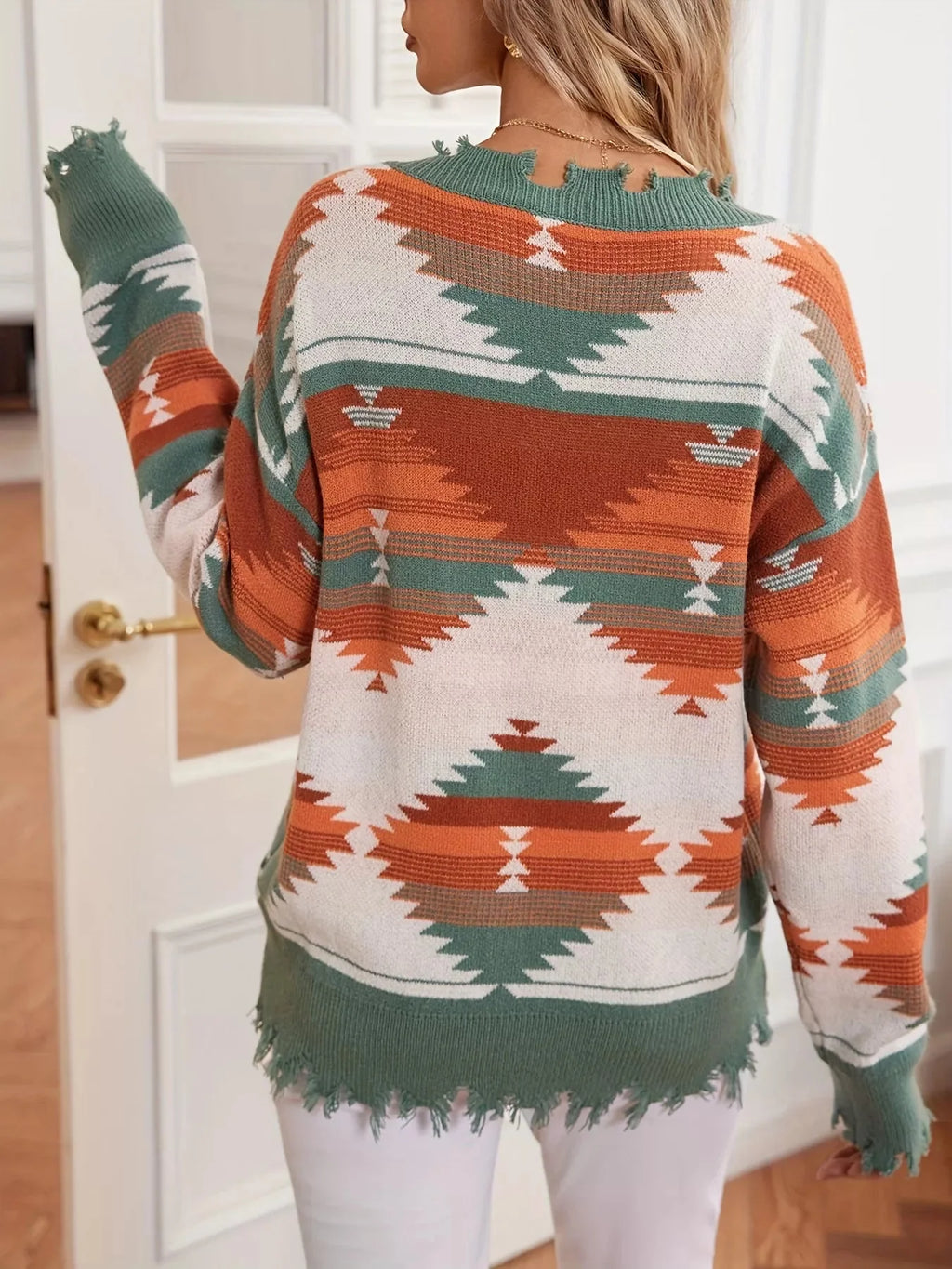 Heidi Frayed Hem V-Neck Long Sleeve Sweater