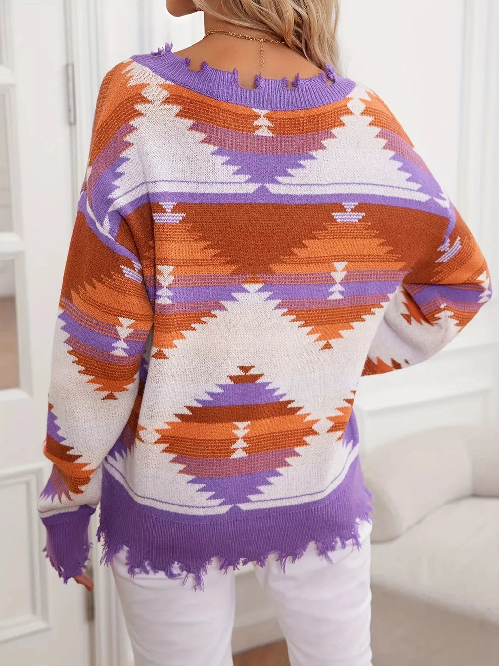 Heidi Frayed Hem V-Neck Long Sleeve Sweater