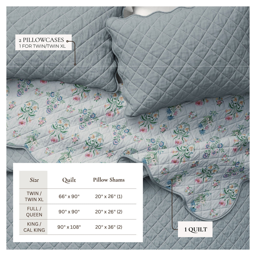 Floral Print & Scallopeded Edge Cotton Quilt Set - Katrin Collection - Rustic Avenue