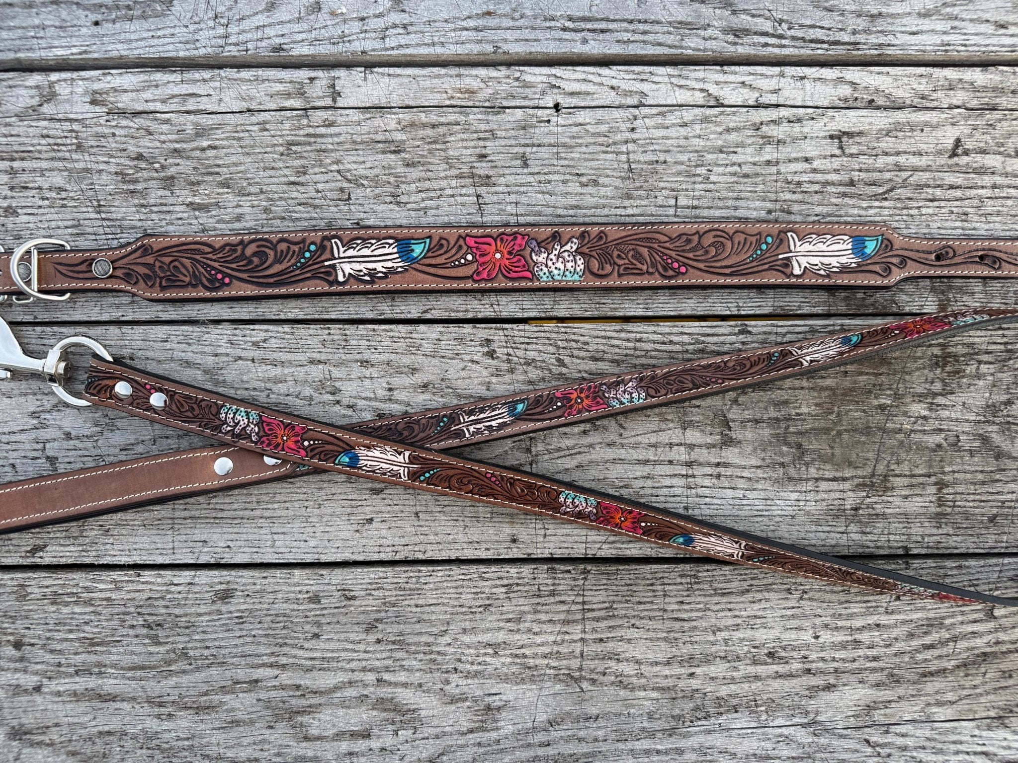 Western Genuine Leather dog collar or leash tooled details of sunflower daisy cactus floral turquoise feather by Double B Wild Rags - Rustic Avenue