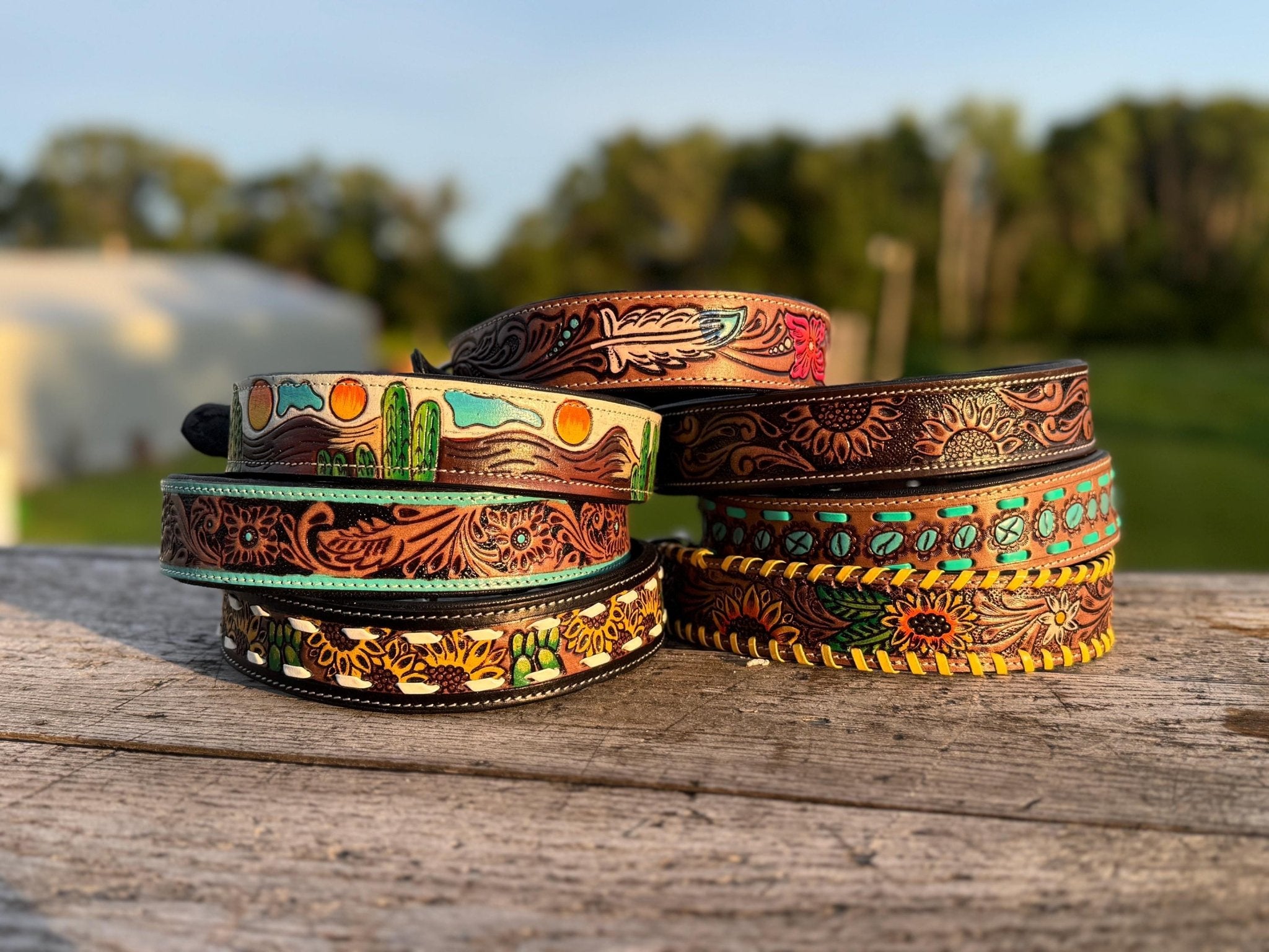 Western Genuine Leather dog collar or leash tooled details of sunflower daisy cactus floral turquoise feather by Double B Wild Rags - Rustic Avenue
