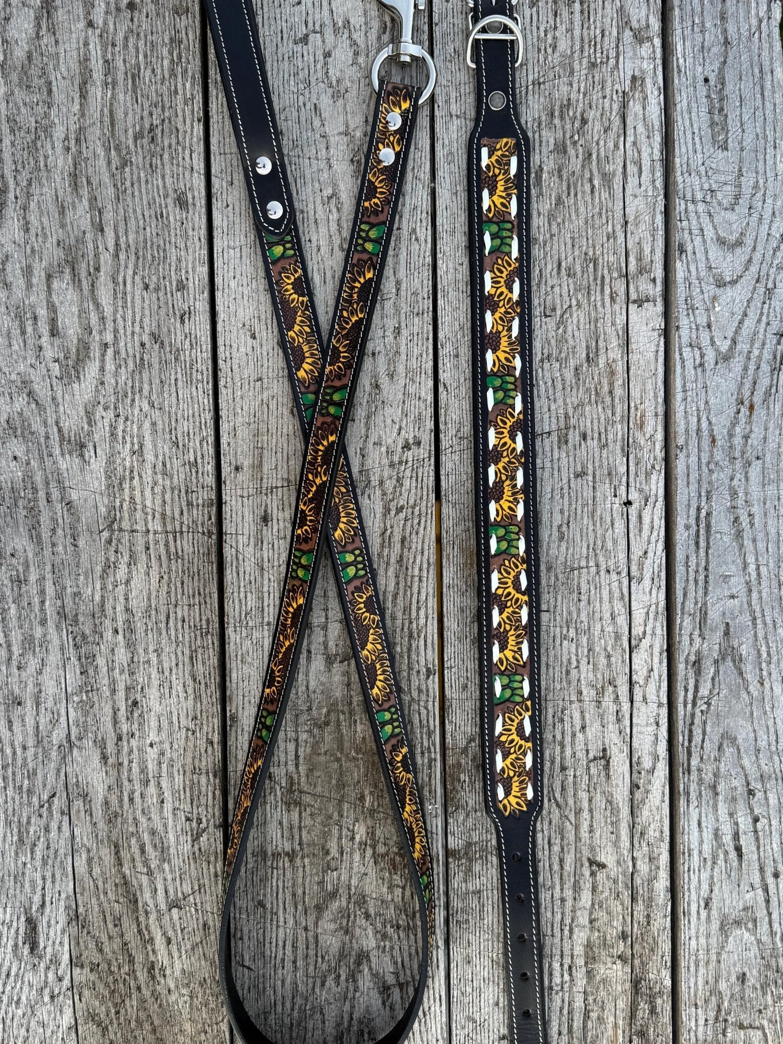 Western Genuine Leather dog collar or leash tooled details of sunflower daisy cactus floral turquoise feather by Double B Wild Rags - Rustic Avenue