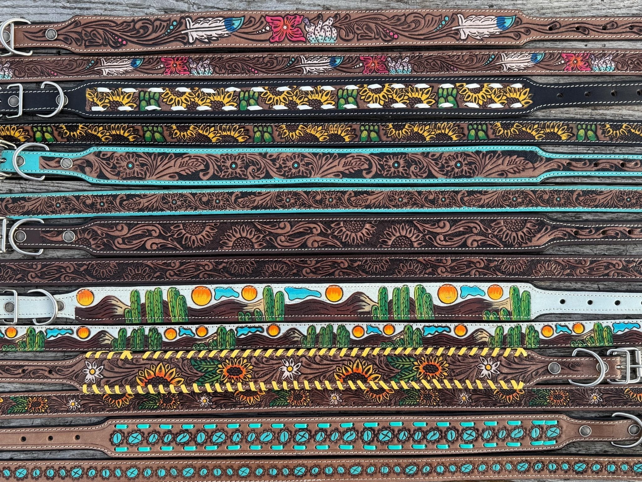 Western Genuine Leather dog collar or leash tooled details of sunflower daisy cactus floral turquoise feather by Double B Wild Rags - Rustic Avenue