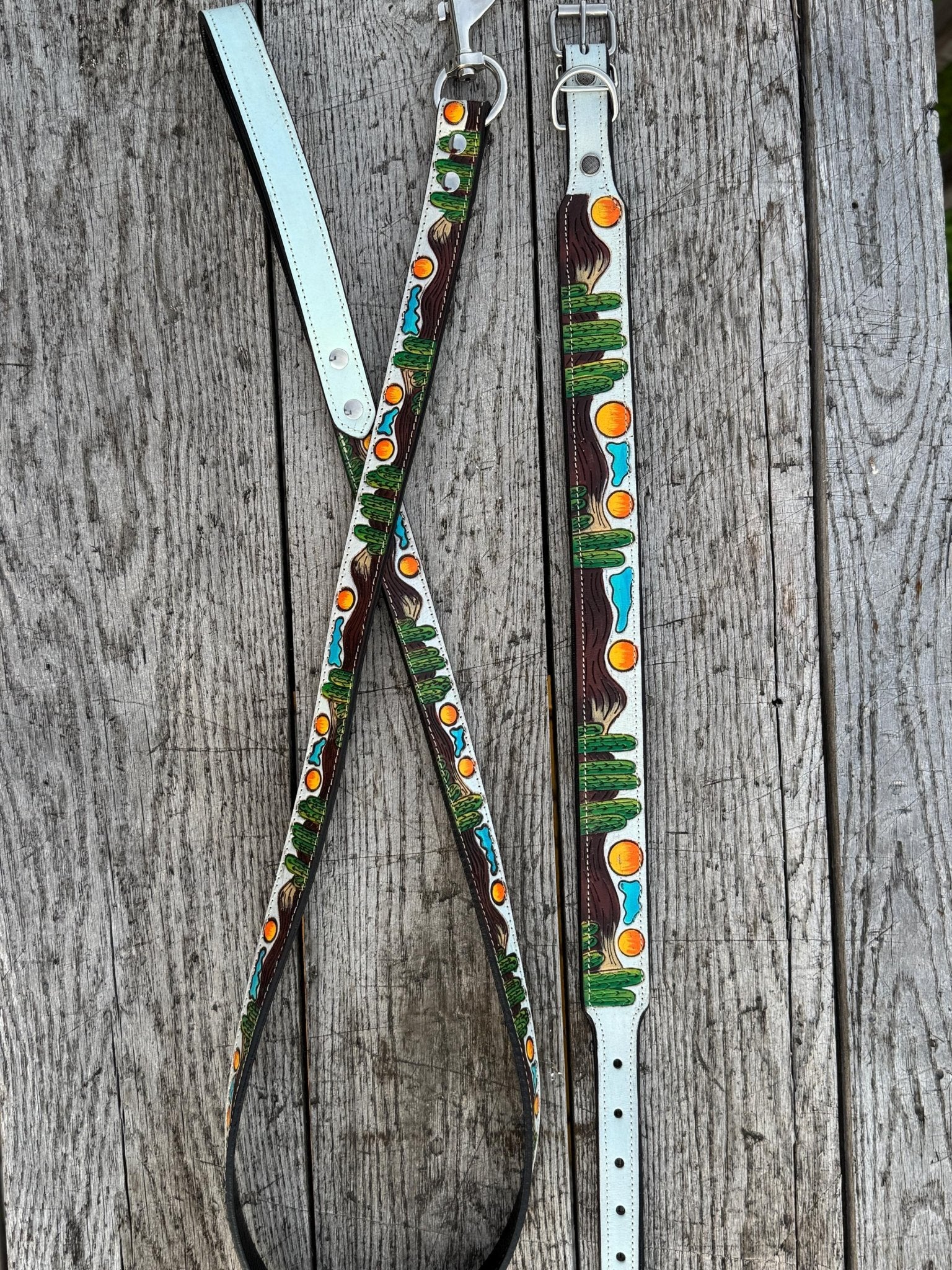 Western Genuine Leather dog collar or leash tooled details of sunflower daisy cactus floral turquoise feather by Double B Wild Rags - Rustic Avenue