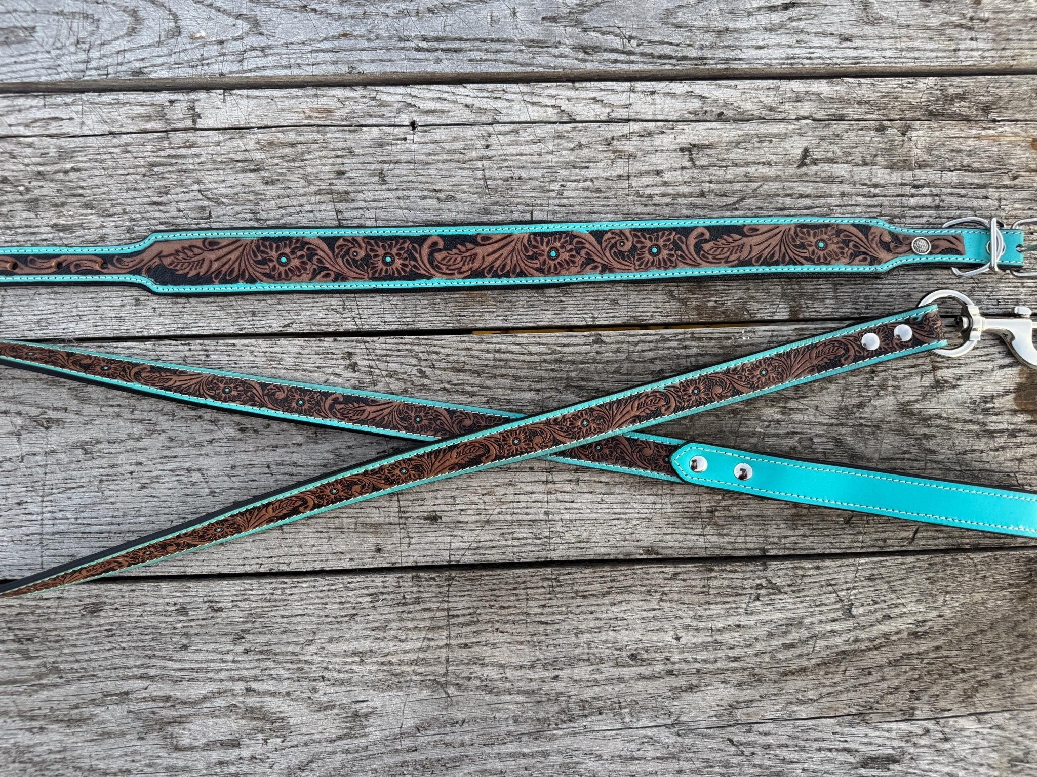 Western Genuine Leather dog collar or leash tooled details of sunflower daisy cactus floral turquoise feather by Double B Wild Rags - Rustic Avenue