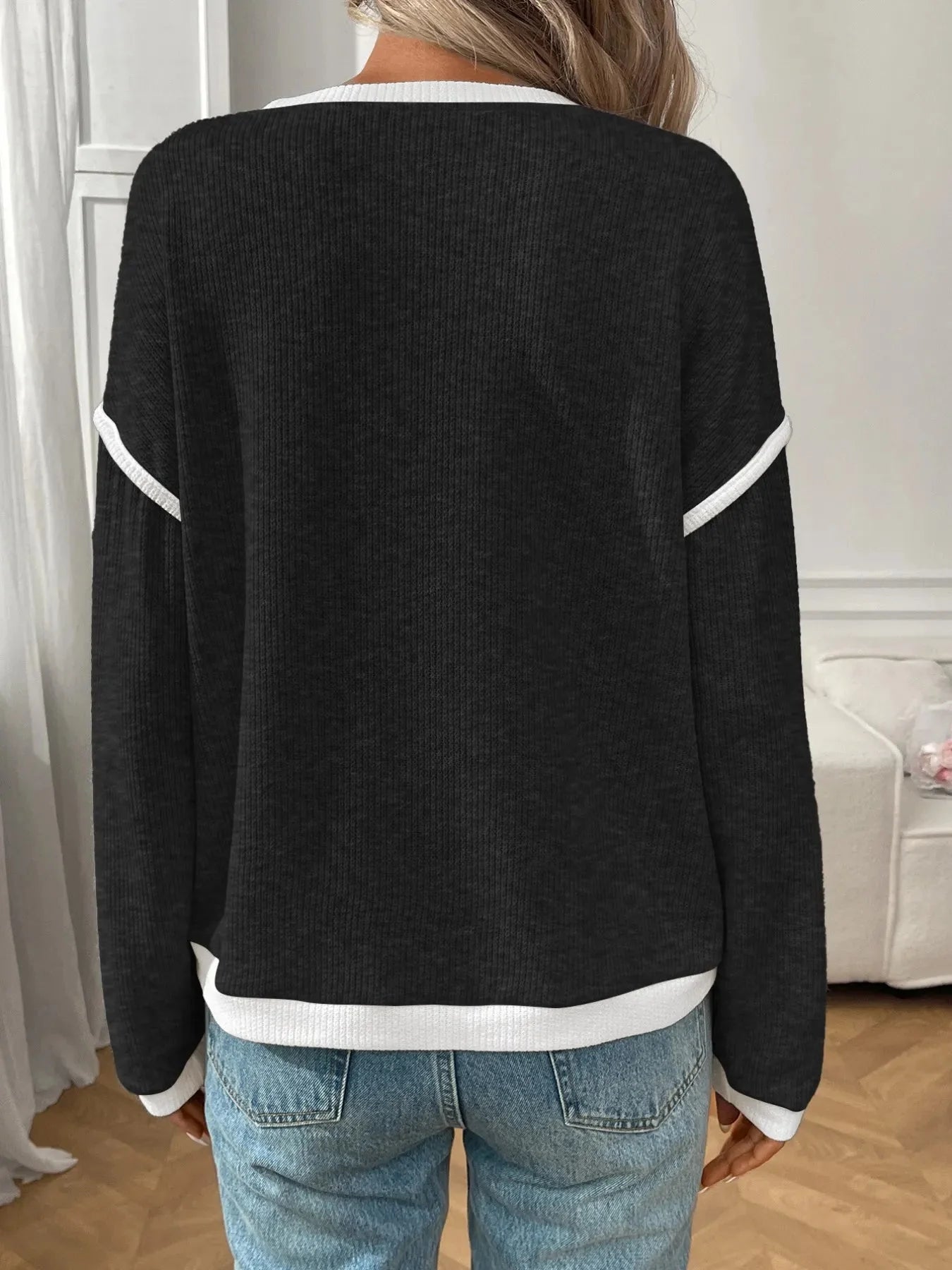 Jessica Ribbed Contrast Trim Long Sleeve Top