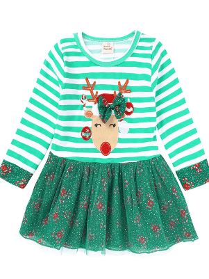 Kid's Christmas Reindeer Applique Striped Long Sleeve Dress