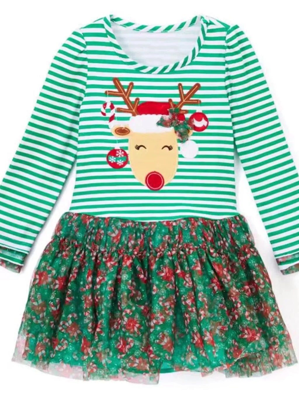 Kid's Christmas Reindeer Applique Striped Long Sleeve Dress