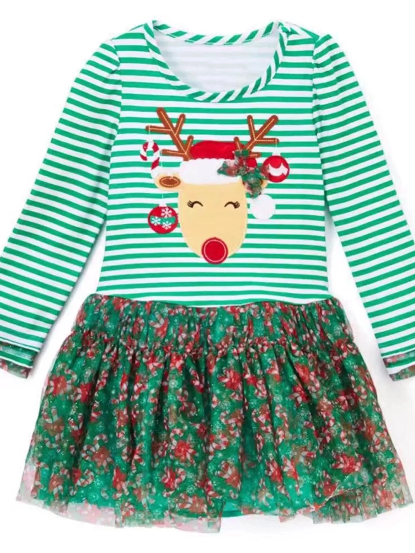 Kid's Christmas Reindeer Applique Striped Long Sleeve Dress