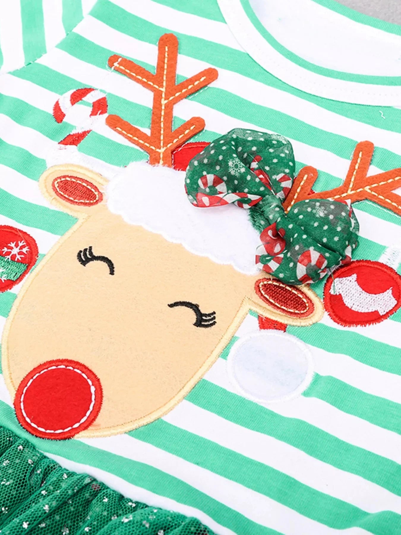 Kid's Christmas Reindeer Applique Striped Long Sleeve Dress