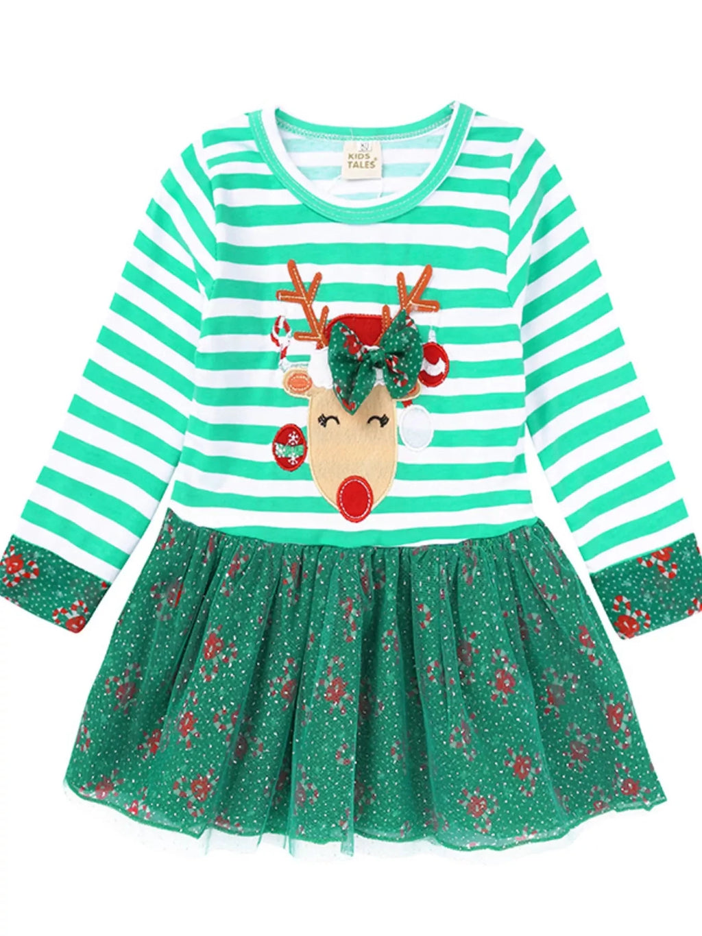 Kid's Christmas Reindeer Applique Striped Long Sleeve Dress