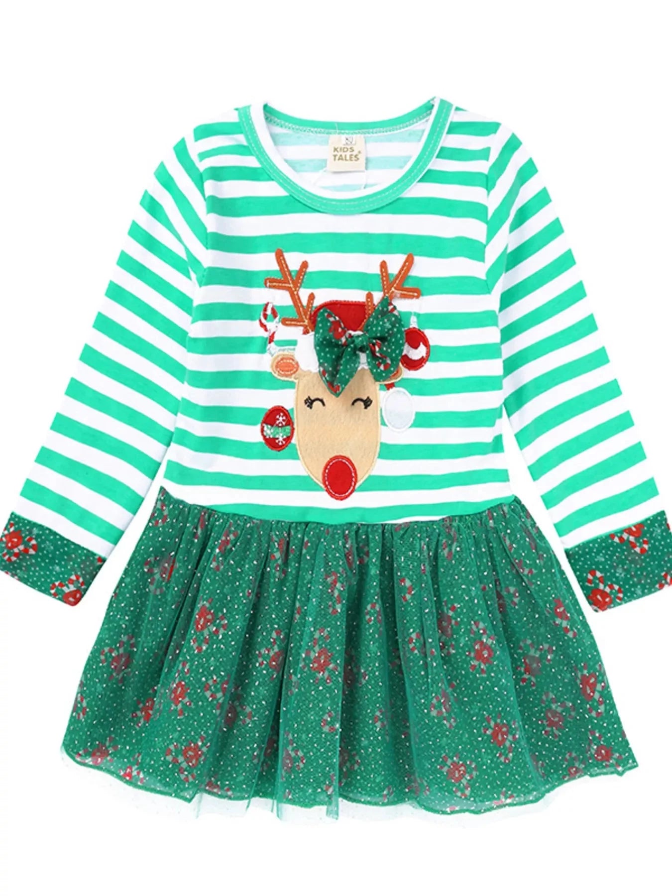 Kid's Christmas Reindeer Applique Striped Long Sleeve Dress