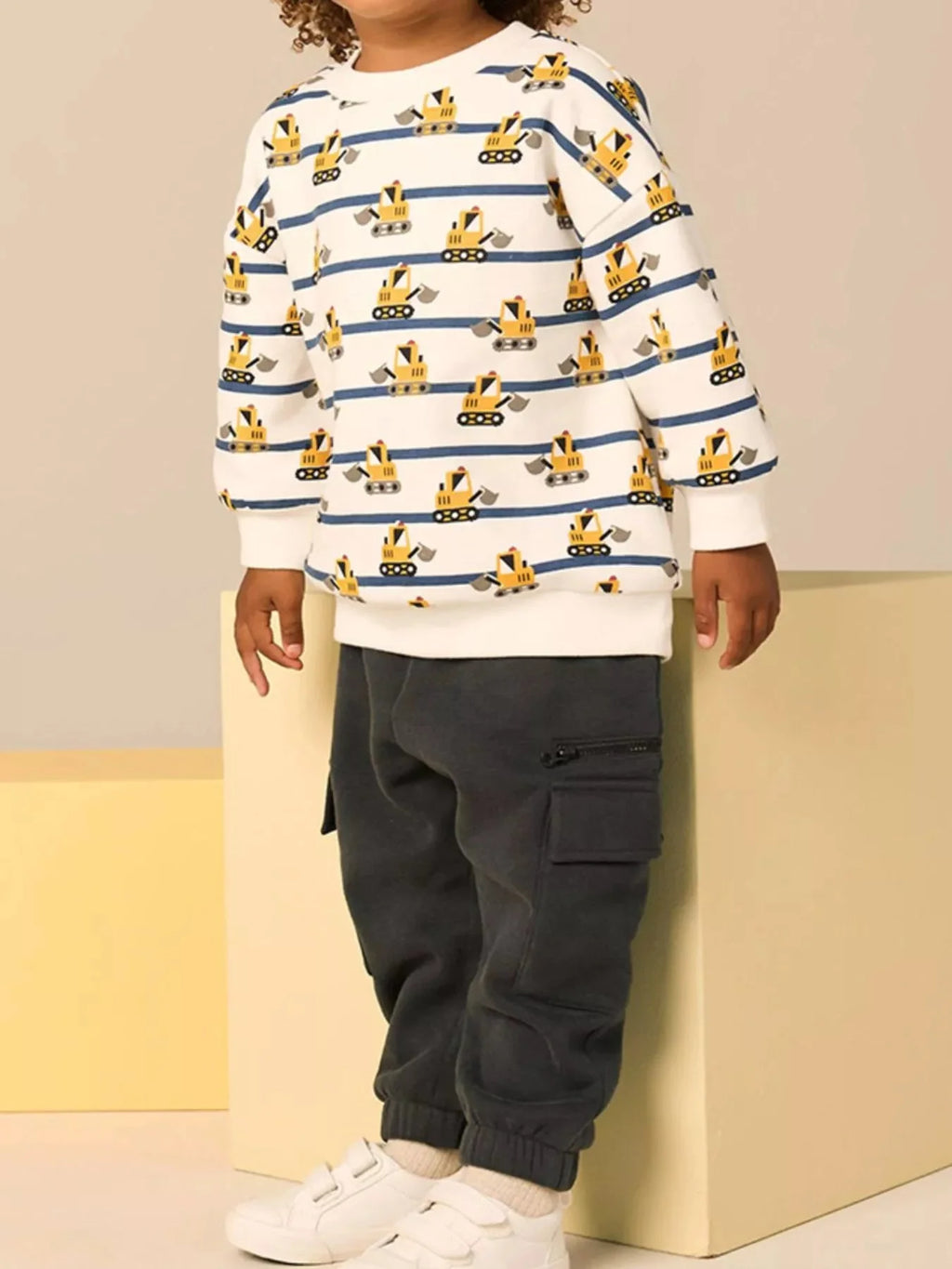 Kids Excavator Print Striped Sweatshirt