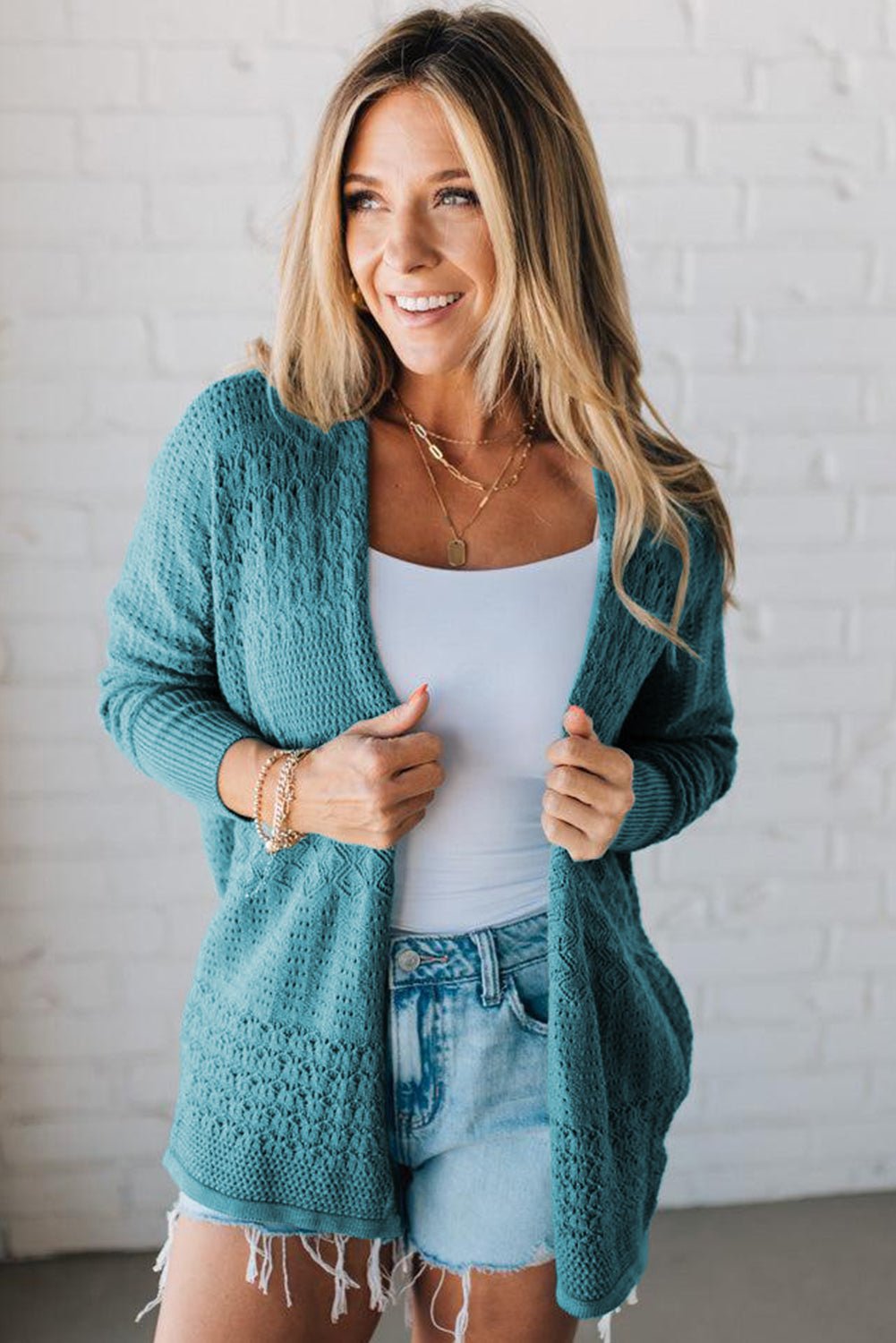 Lapis Mix Pattern Hollow Knit Open Front Cardigan