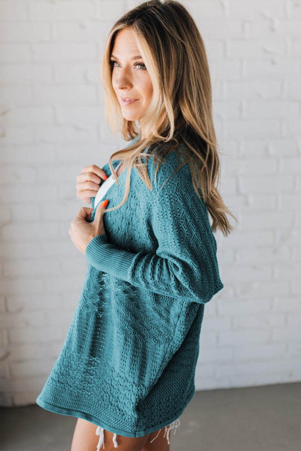 Lapis Mix Pattern Hollow Knit Open Front Cardigan