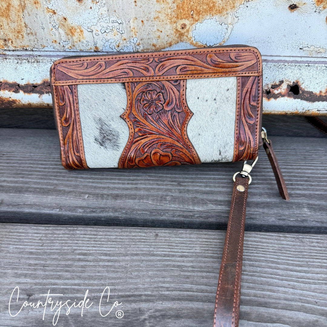 Lucille Cowhide Tooled Leather Wallet Wristlet