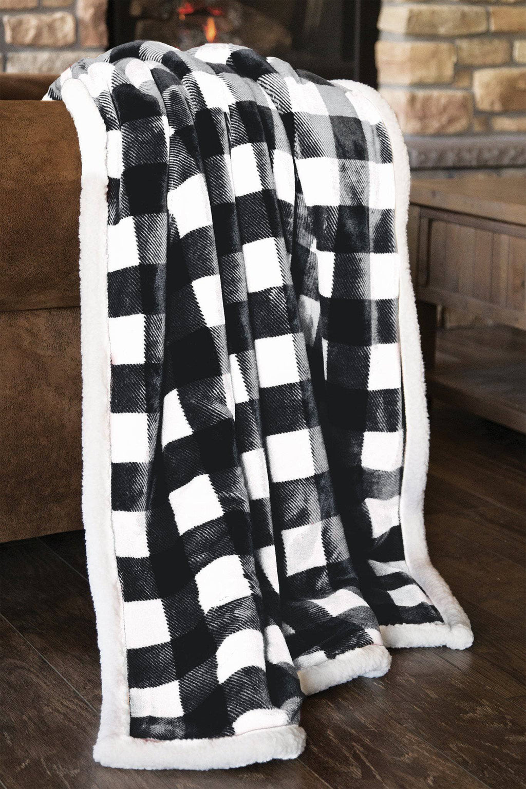 Lumberjack Plaid Plush Fur Sherpa Borrego Fleece Throw Blanket - Rustic Avenue