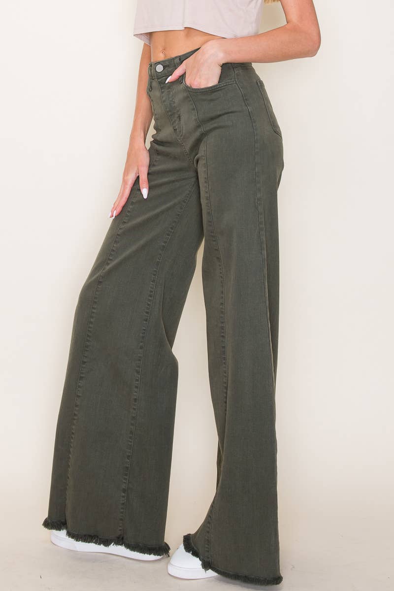O2 Front Seam Wide Leg Denim Jeans - Olive