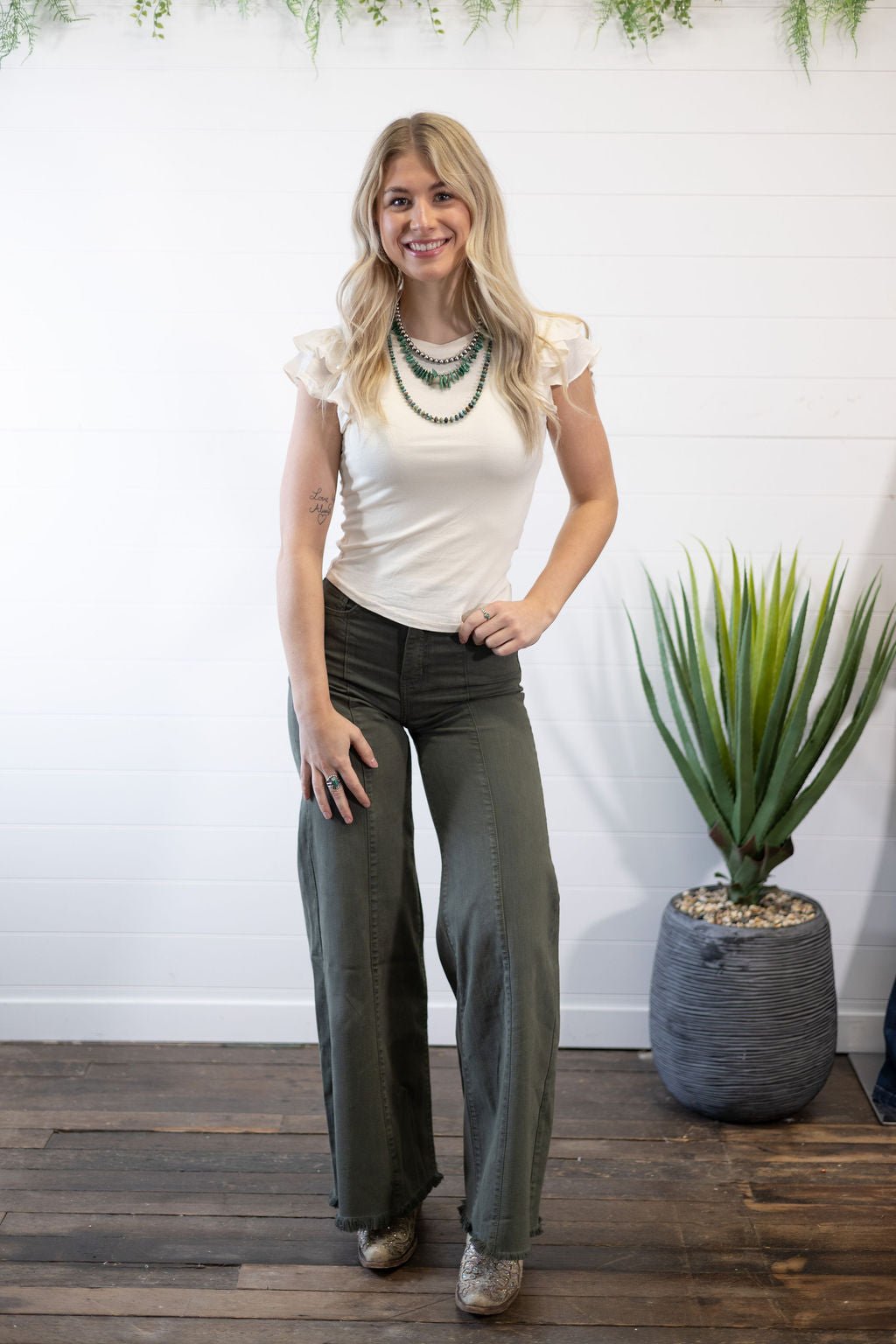 O2 Front Seam Wide Leg Denim Jeans - Olive