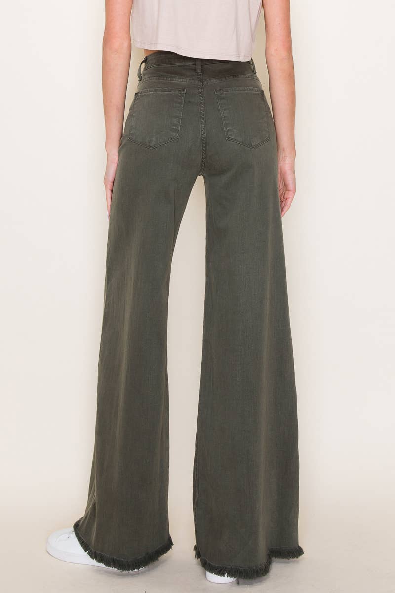O2 Front Seam Wide Leg Denim Jeans - Olive