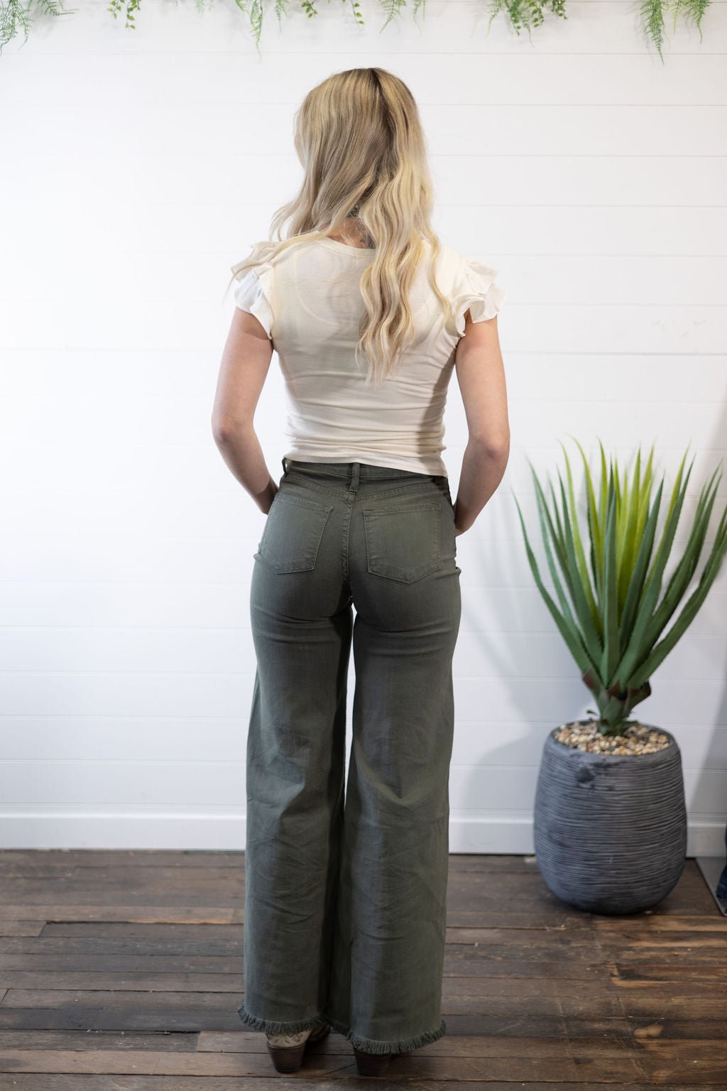 O2 Front Seam Wide Leg Denim Jeans - Olive