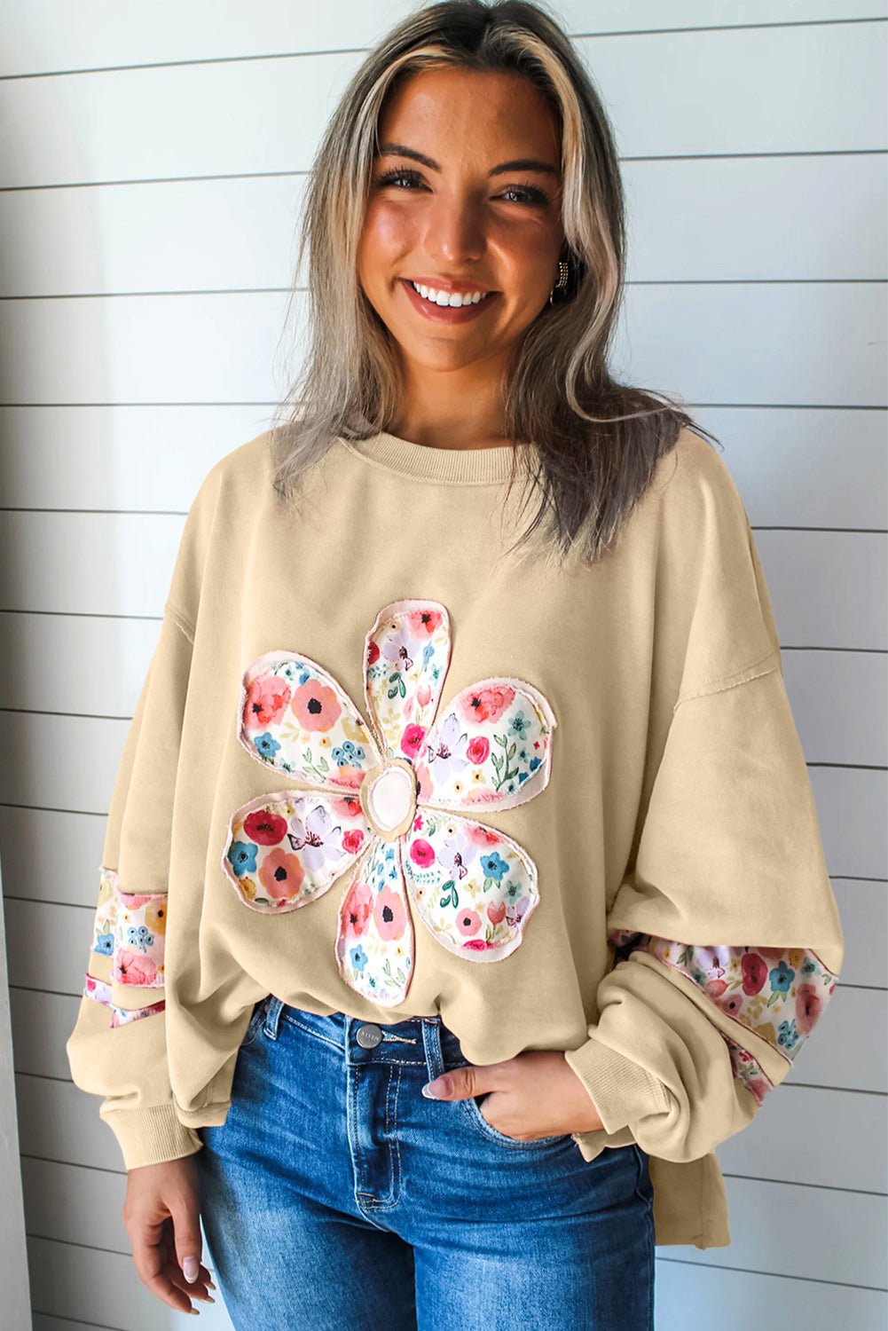 Pale Khaki Flower Applique Patchwork Drop Sleeve Pullover Sweatshirt
