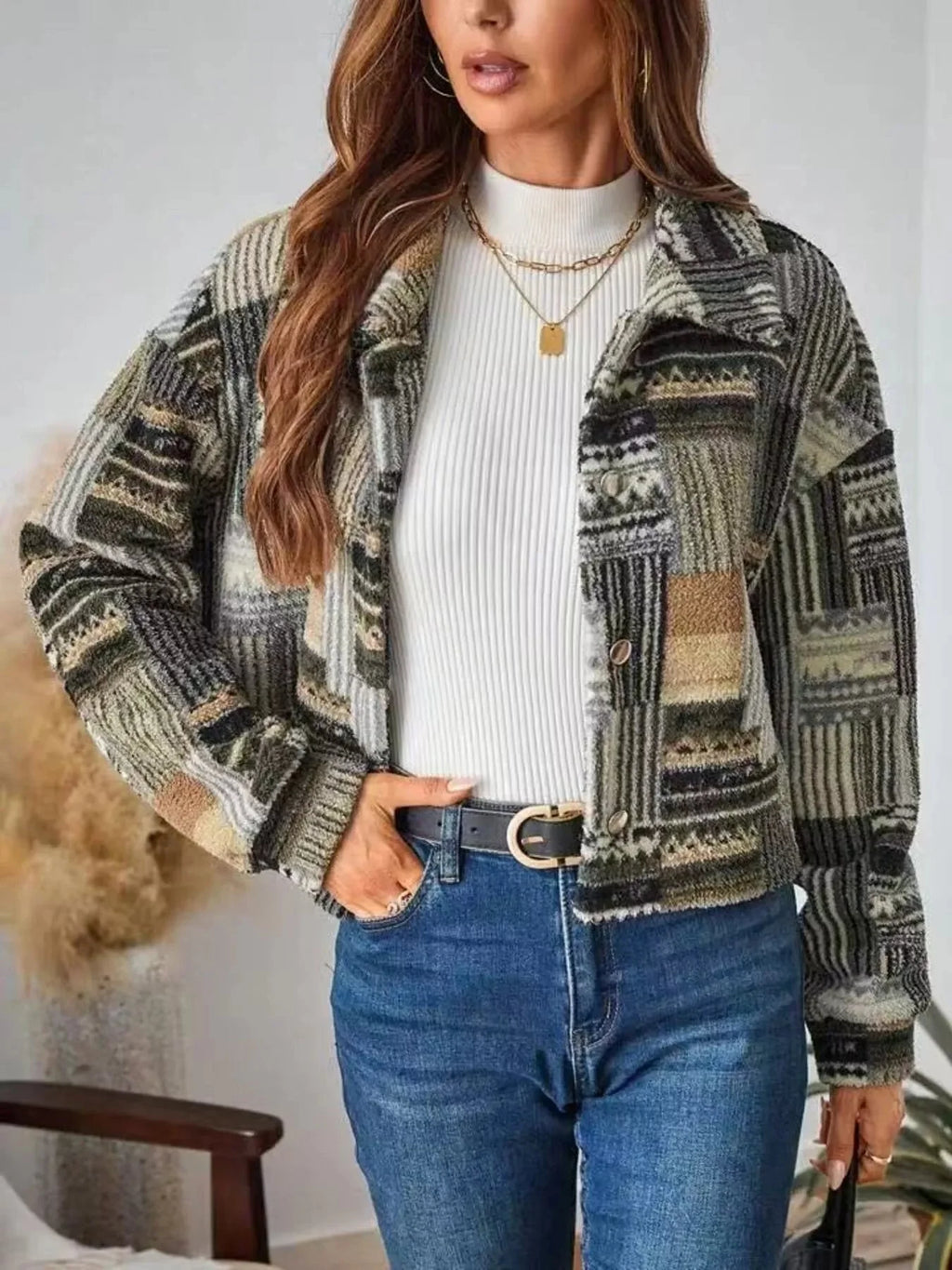 Patchwork Western Button-Up Dropped Shoulder Jacket