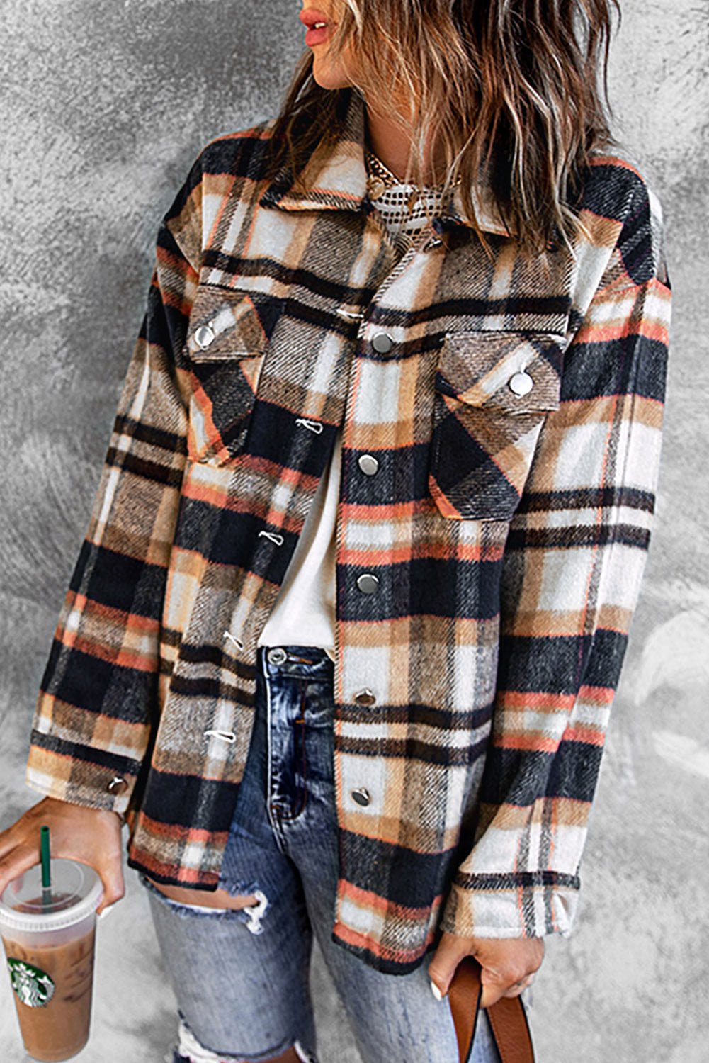 Plaid Button Boyfriend Style Shirt Jacket with Breast Pockets