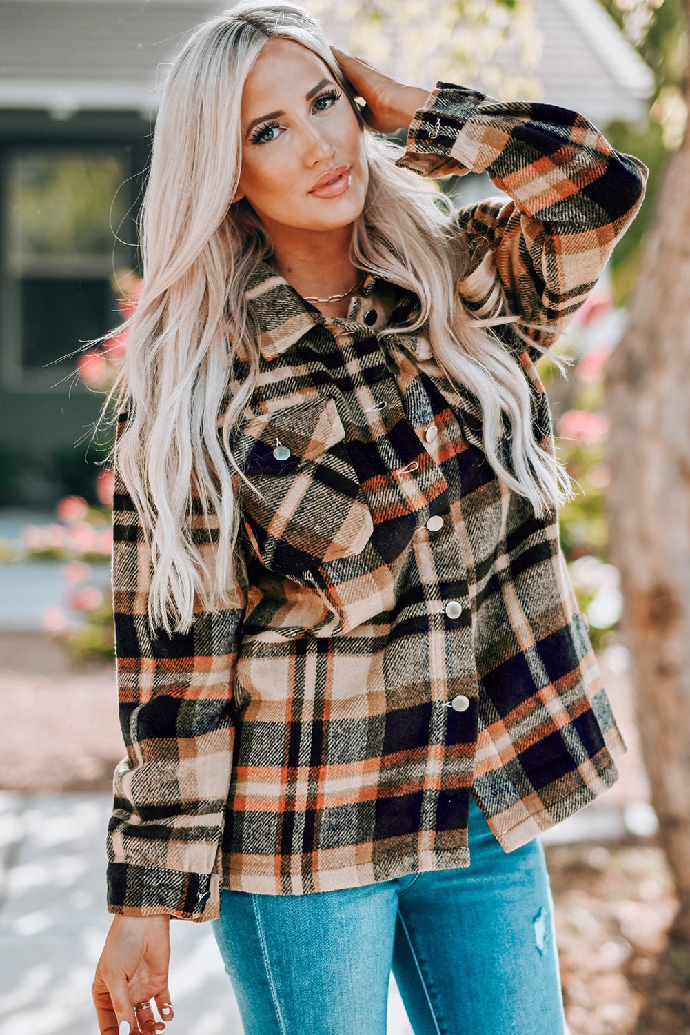 Plaid Button Boyfriend Style Shirt Jacket with Breast Pockets