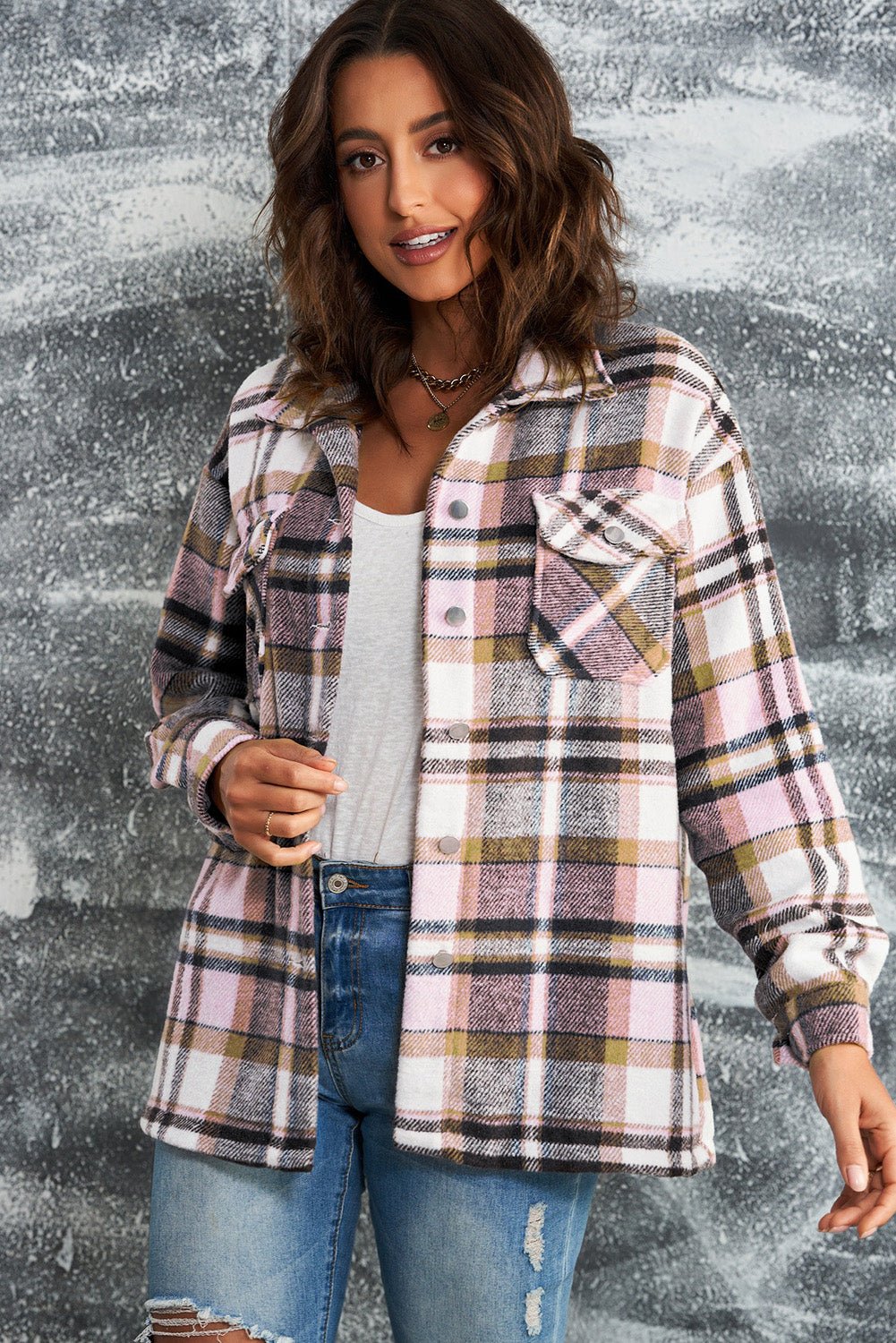 Plaid Button Boyfriend Style Shirt Jacket with Breast Pockets